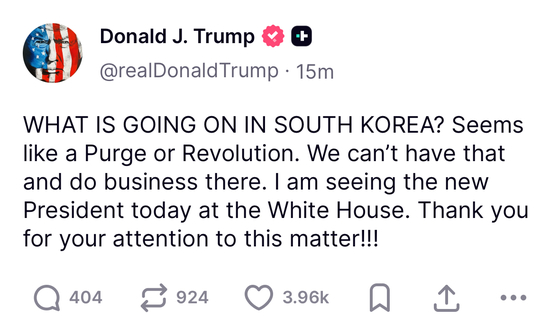 이재명의 한국 보수우파 숙청을 우려하는 트럼프 대통령 SNS